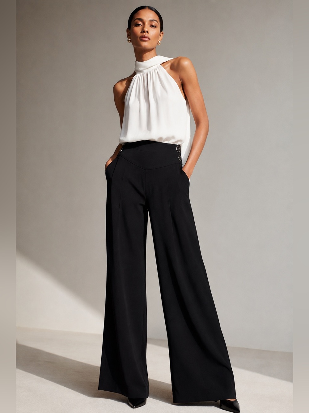 White House Black Market Wide Leg Pants Black Size 4R